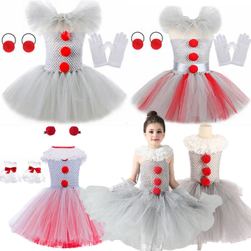 TONGTONGMI Scary Clown Halloween Gray Tutu Dress Costume For Kids 3-12 Years