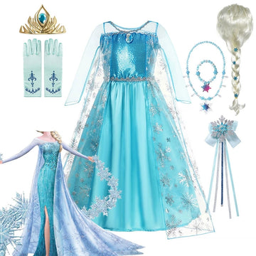 Snow Queen Princess Elsa Frozen Cartoon Halloween Dress for Girls Ages 3-10 Years (Props Available)