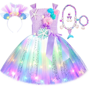 Mermaid Princess LED Light Up Girls Dress with Props 1-14 Years