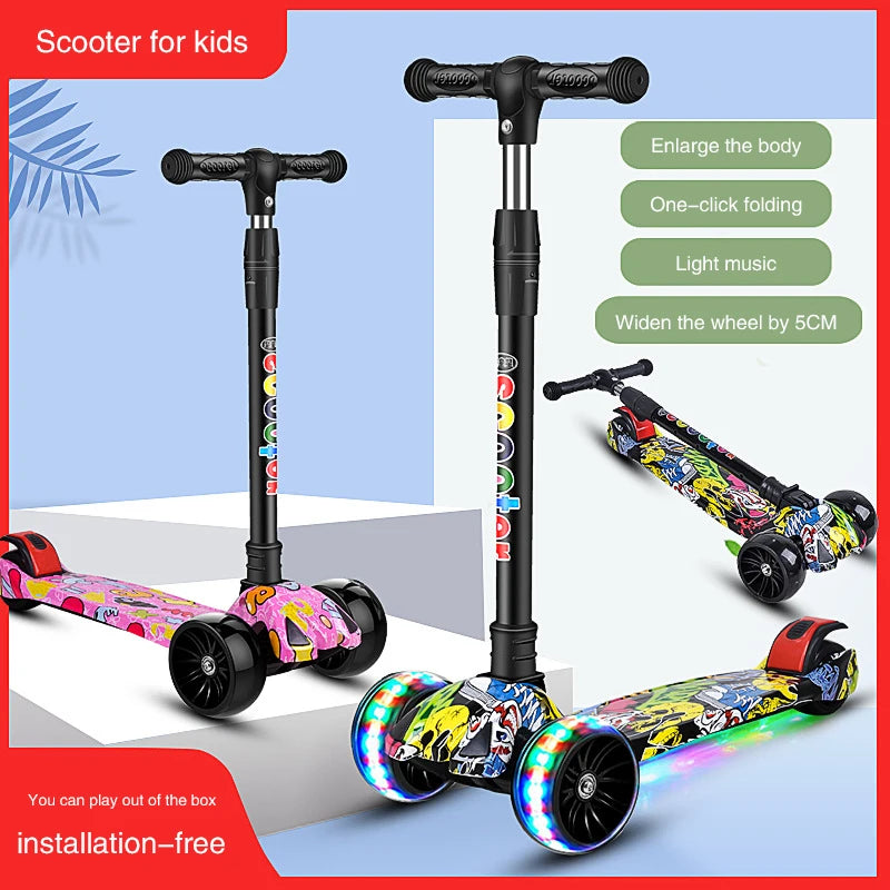 Stunning Three-Wheel Kick Scooter with Wheel Glitter and Folding Kickboard (Ages 2-12)