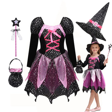 MESOQ Witch and Bat Girls Dress Up Set with Props including Hat, Wand & Bag