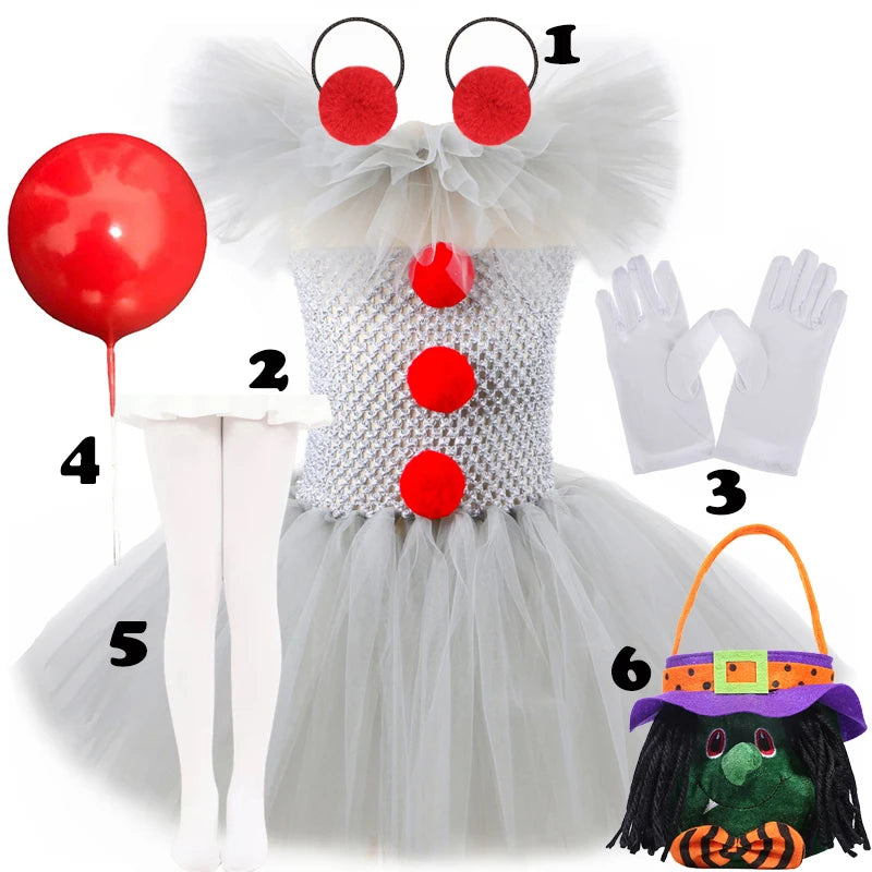 TONGTONGMI Scary Clown Halloween Gray Tutu Dress Costume For Kids 3-12 Years