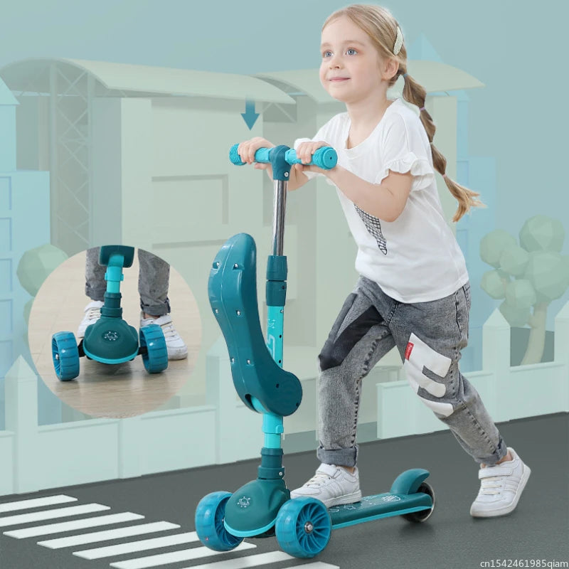 Kids Foldable Kick Scooter with Perambulator Music and Seat, Adjustable Ages 2-12