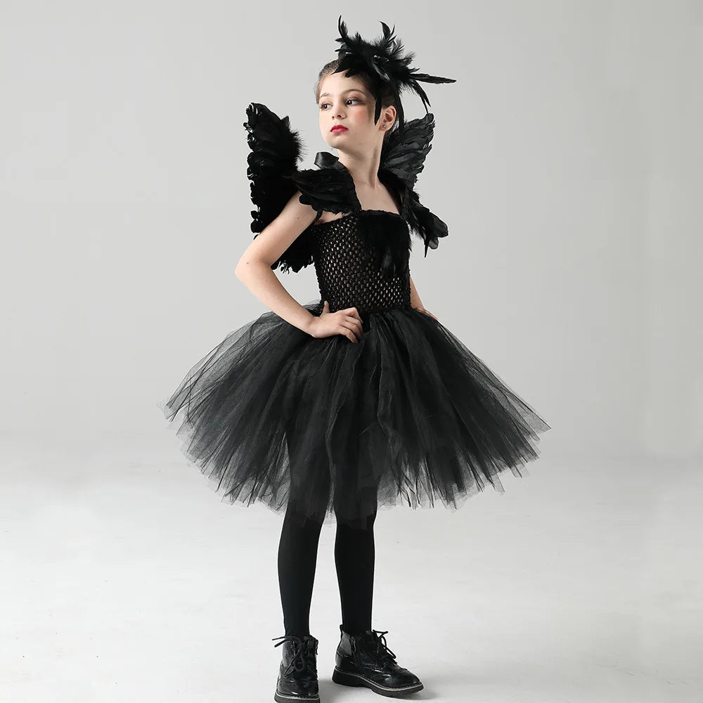 Black Swan Dress Girls Ballerina Tutu Dress with Dark Queen Look 2-12 Years Old