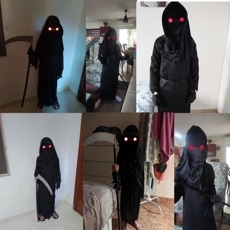 Grim Reaper Scary Skeleton Halloween Costume Children with Props including Glowing Red Eyes