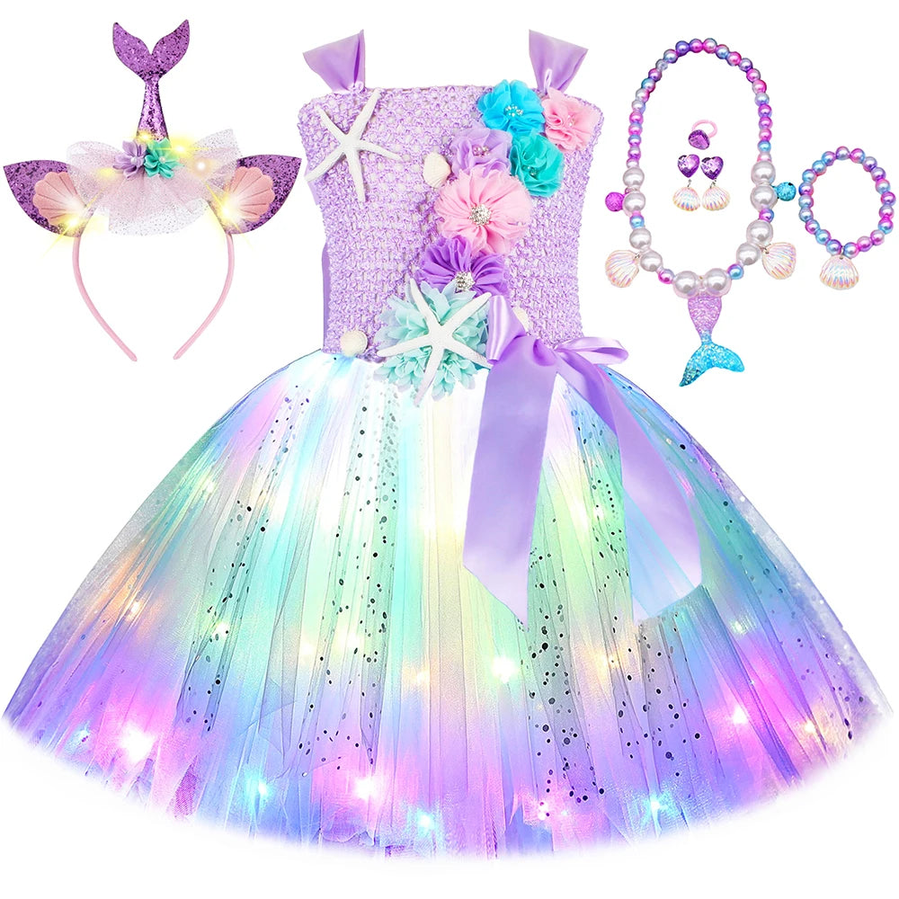 Mermaid Princess LED Light Up Girls Dress with Props 1-14 Years