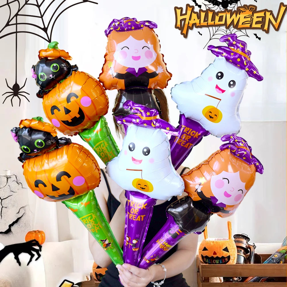 Halloween Witch Pumpkin Ghost Sticks Cute Inflatable Stick Foil Balloons (10 & 20 pieces)