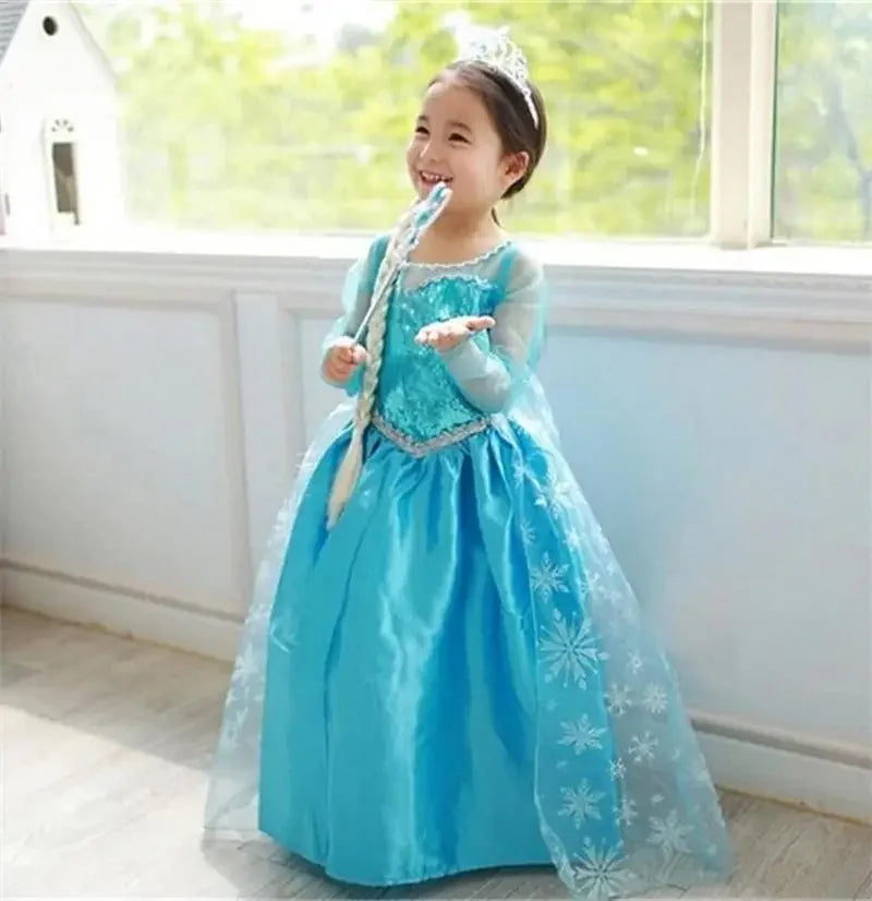 Snow Queen Princess Elsa Frozen Cartoon Halloween Dress for Girls Ages 3-10 Years (Props Available)