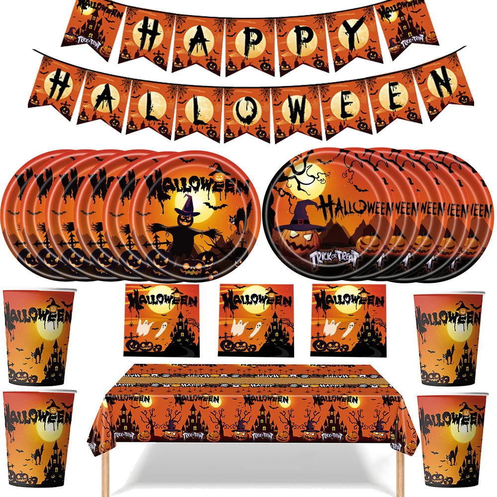 Halloween Theme Party Disposable Tableware Pumpkin Witch Ghost Pattern Plates Napkins Cups