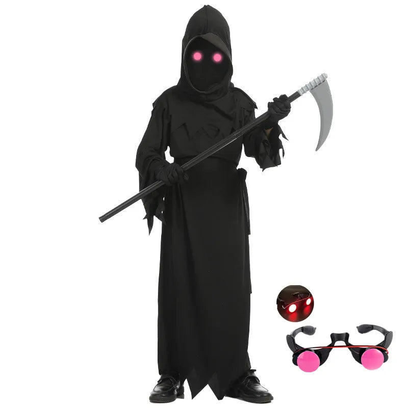 Grim Reaper Scary Skeleton Halloween Costume Children with Props including Glowing Red Eyes