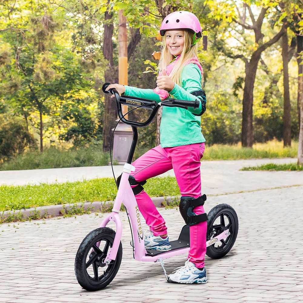 HOMCOM Push Scooter Teen Kids Stunt Bike Ride On with 12" EVA Tyres, Pink