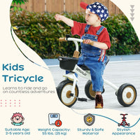 Kids Trike, Tricycle with Adjustable Seat, Basket, Bell for Ages 2-5 Years White